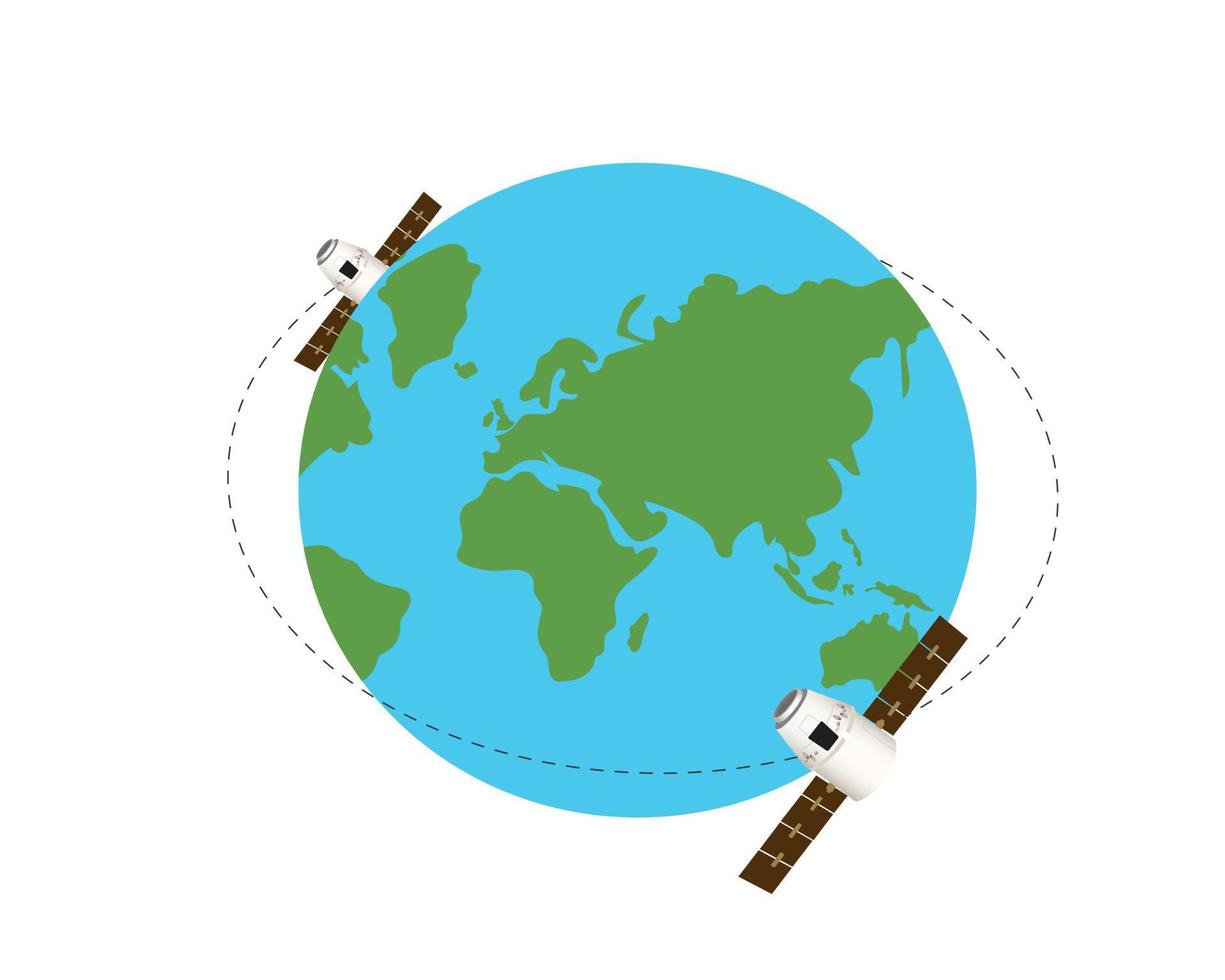 satellieten vliegen boven de aarde geïsoleerd op de witte achtergrond. baan voor satellieten. vector illustratie