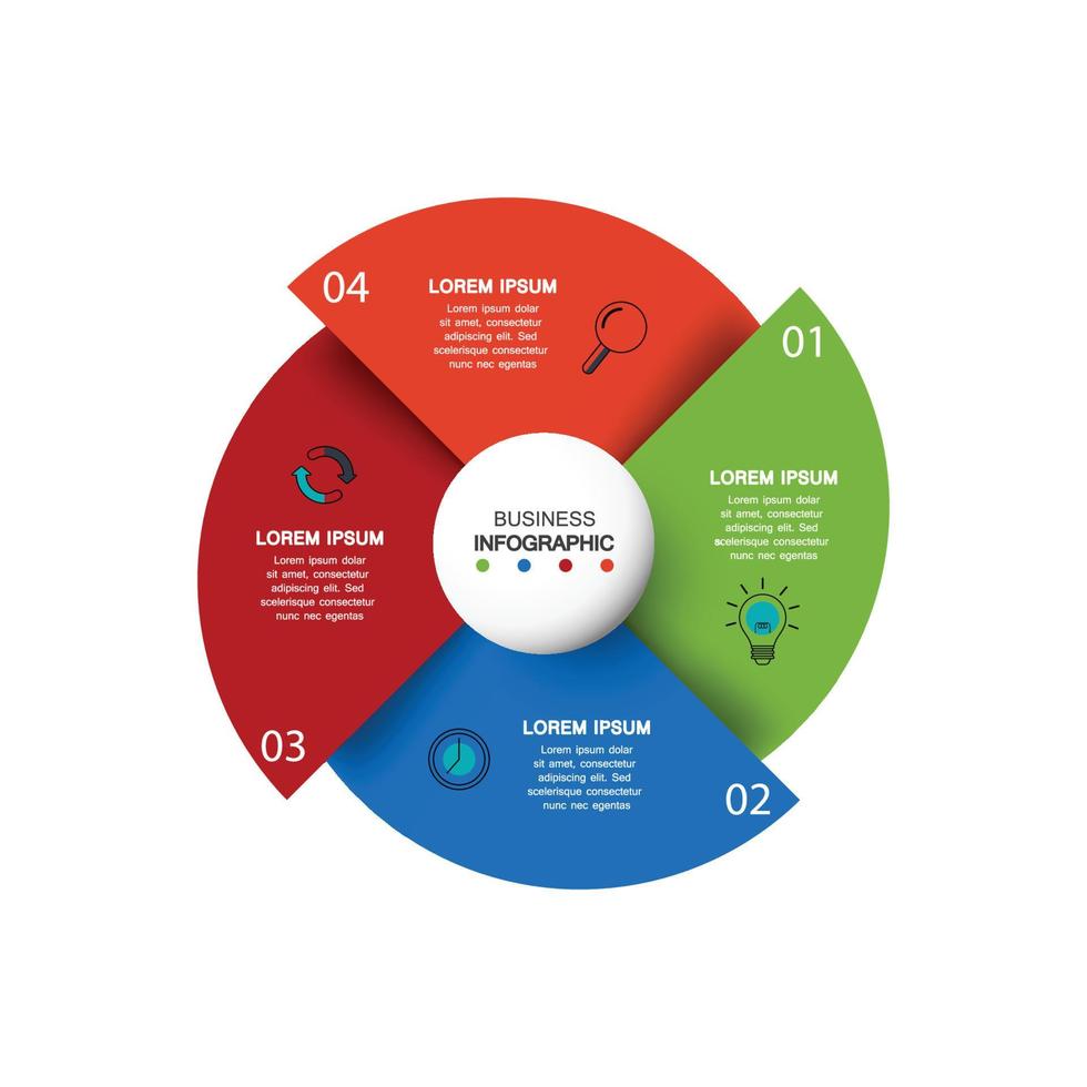 vier cirkelelementen met papieren pictogrammen en plaats voor tekst om wit papier te omcirkelen. het concept van 4 bedrijfsontwikkelingsfuncties. infographic ontwerpsjabloon. vectorillustratie. vector