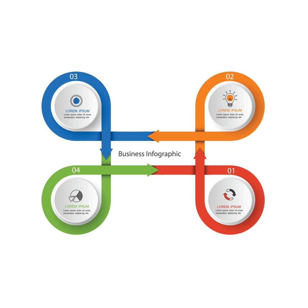 vier cirkelelementen met papieren pictogrammen en plaats voor tekst om wit papier te omcirkelen. het concept van 4 bedrijfsontwikkelingsfuncties. infographic ontwerpsjabloon. vectorillustratie. vector