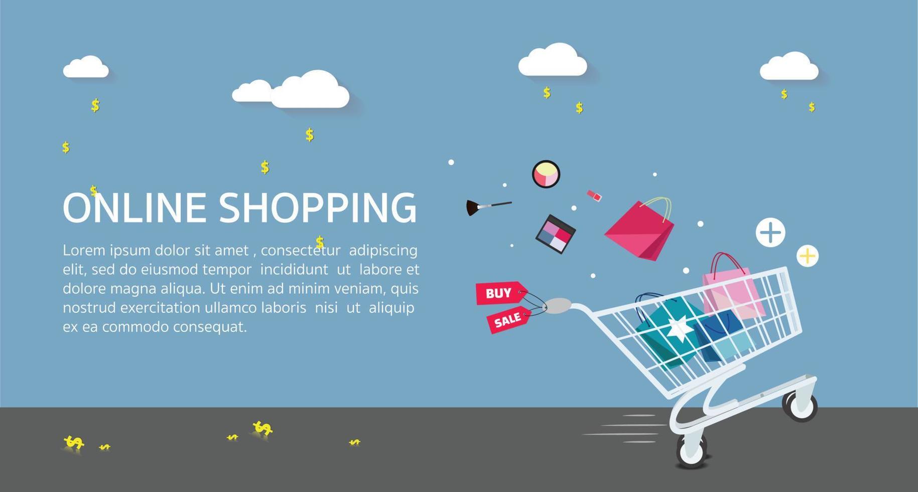 online shopping concept .vector illustratie van online shopping concept.online shopping banner, sale banner met volledige winkelwagen vector