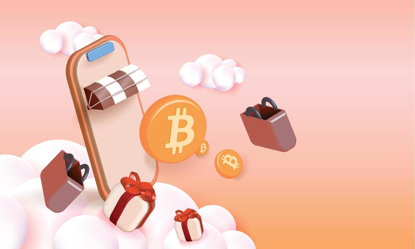 winkelen en crypto op telefoon banner vectorillustratie 3D-bankieren btc goud cion contante handel geldmarkt verkopen zaken. vector