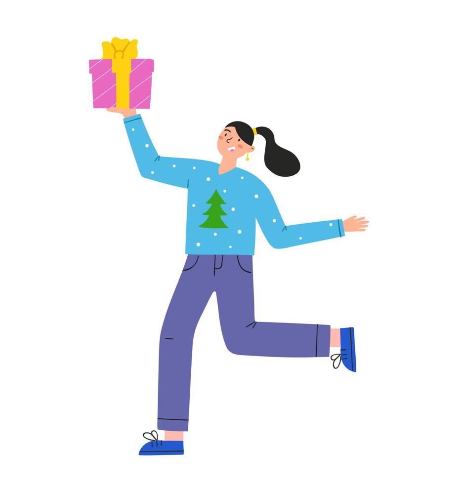 handgetekende meisje met geschenkdoos. vakantie of verjaardag. platte vectorillustratie geïsoleerd op een witte achtergrond. vector