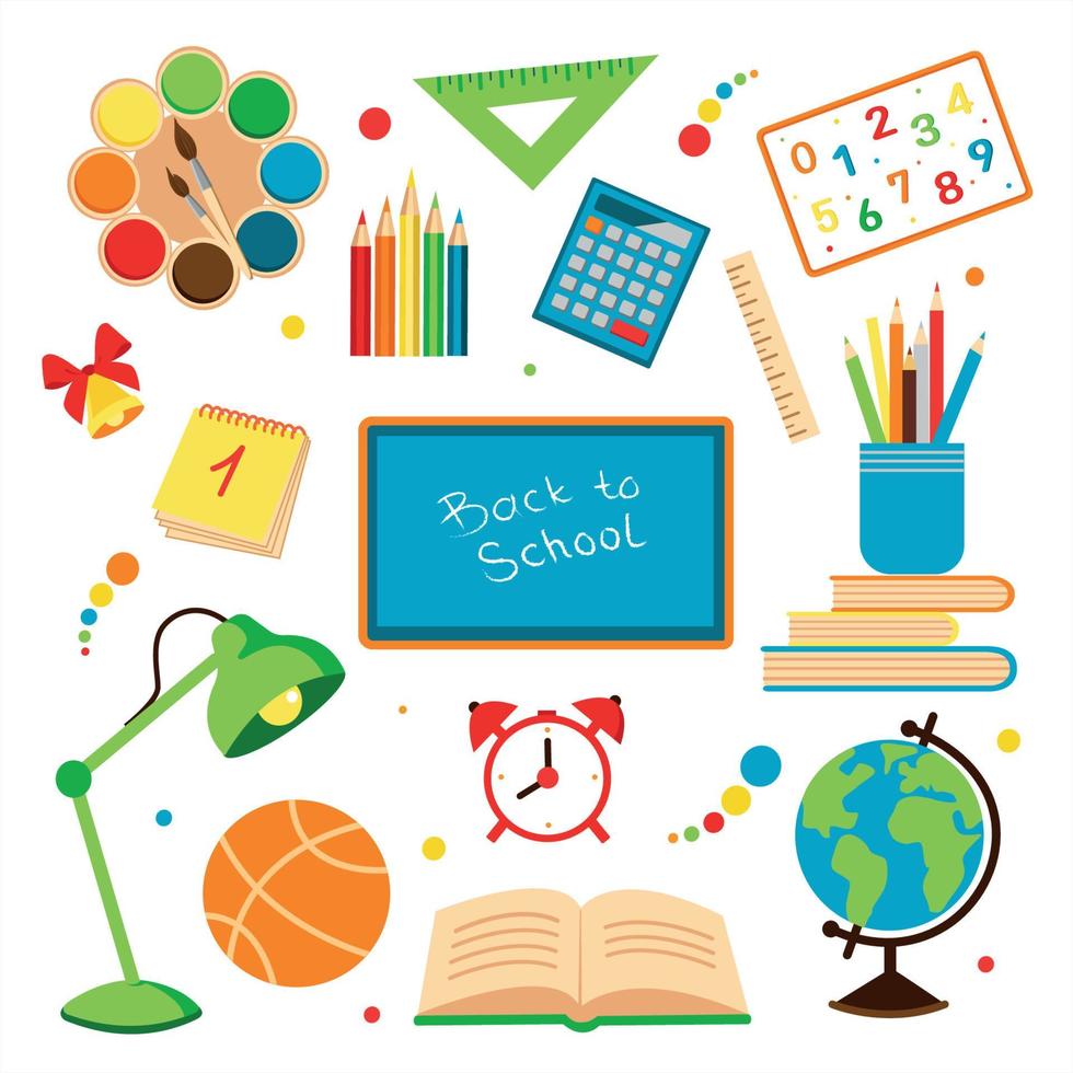 school icoon collectie. schoolbenodigdheden, boeken, elektronisch bord, lapm, palet. platte ontwerpstijl minimale vectorillustratie. vector