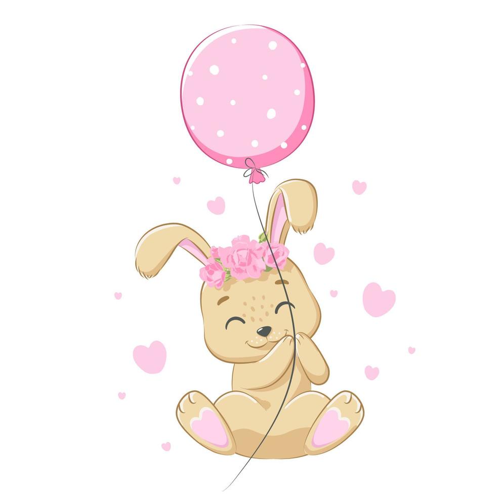 schattig konijntjesmeisje met een ballon lacht. vectorillustratie van een cartoon. vector