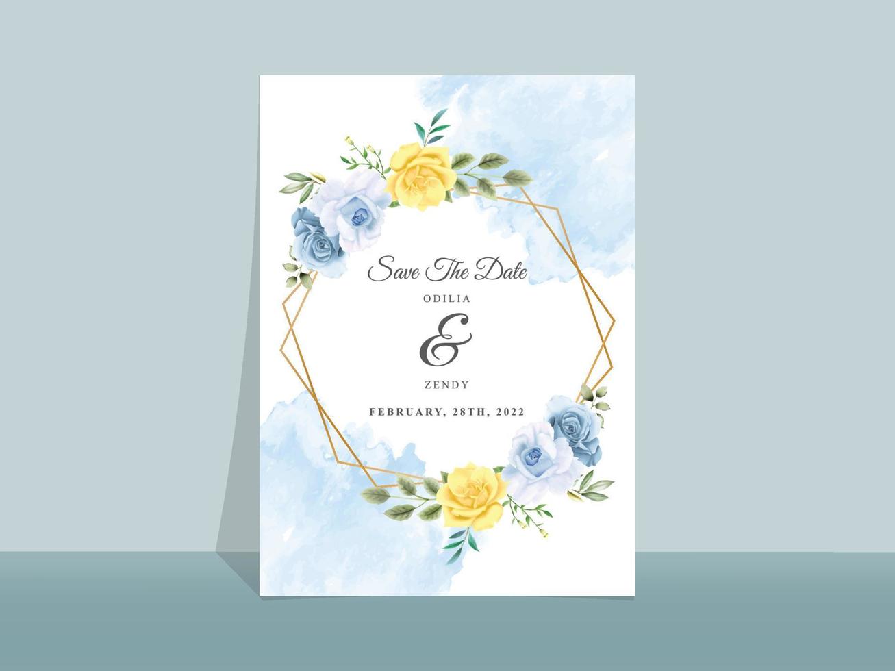 trouwkaart met mooie blauwe en gele bloemen vector