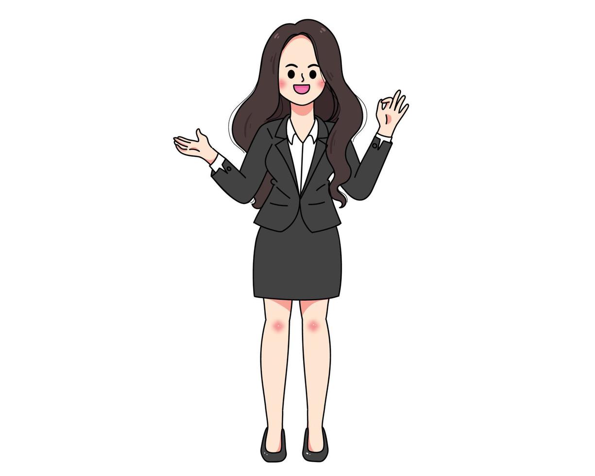 jonge zakenvrouw die ok teken handgetekende cartoon kunst illustratie toont vector