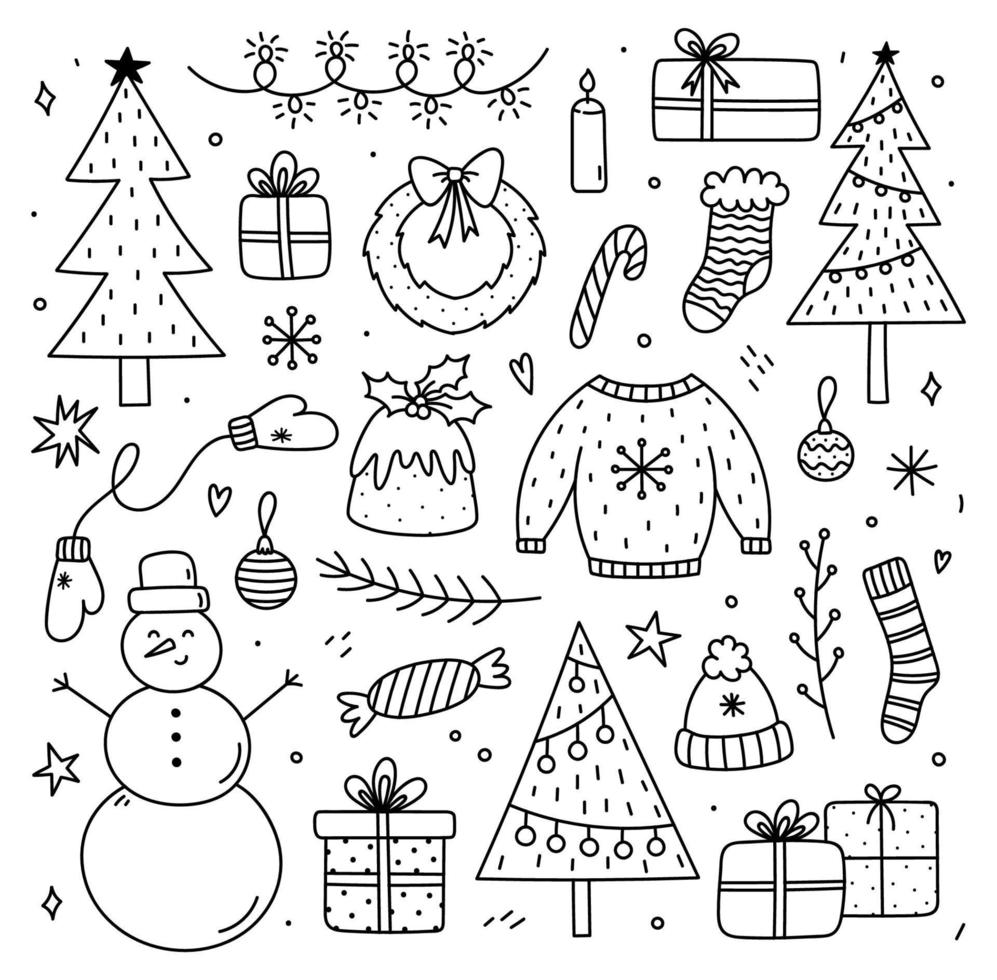 schattige set winterkrabbels - kerstbomen, krans, geschenken, sneeuwpop, kerstbal, lelijke trui, slinger, warme kleding. vector cartoon handgetekende illustratie. perfect voor vakantieontwerpen, kaart, uitnodiging