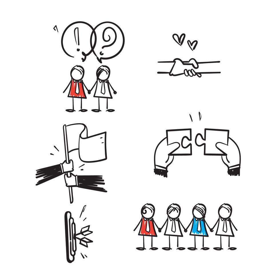 hand getrokken doodle minimaal teamwork in business management icon set illustratie vector geïsoleerd