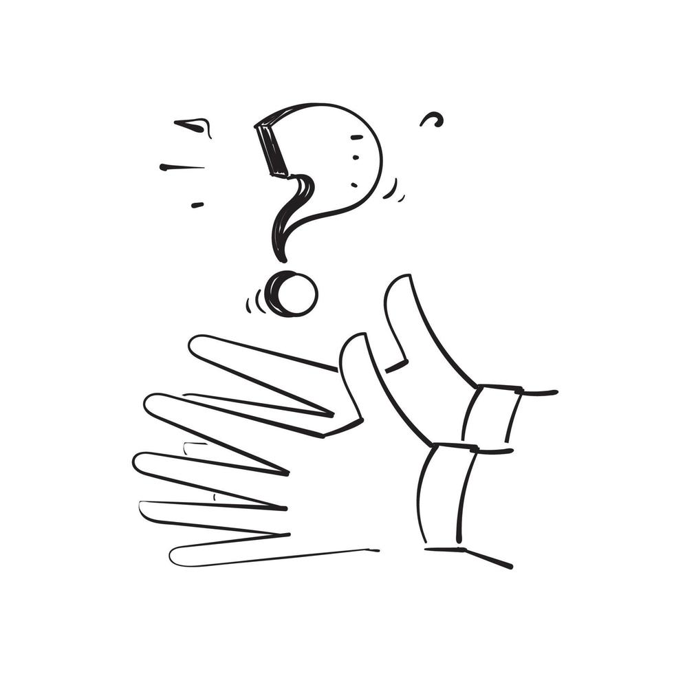 hand getrokken doodle vraagteken op palm hand illustratie vector