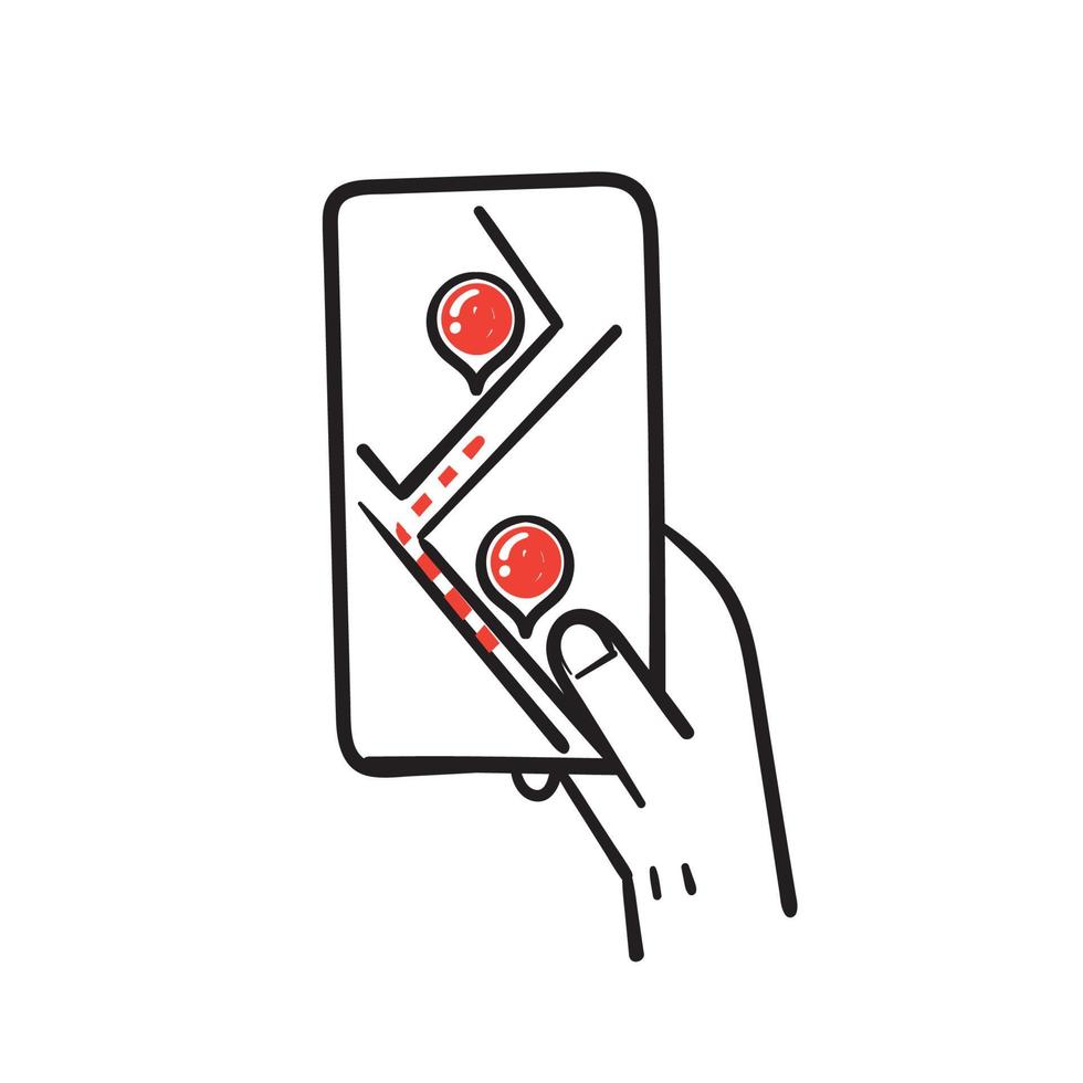 handgetekende hand met mobiele smartphone met gps-kaart mobiele app.in doodle-stijl vector