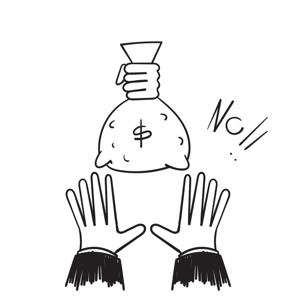 hand getrokken doodle hand aanbod geld symbool voor stop corruptie anti omkoping concept vectorillustratie vector