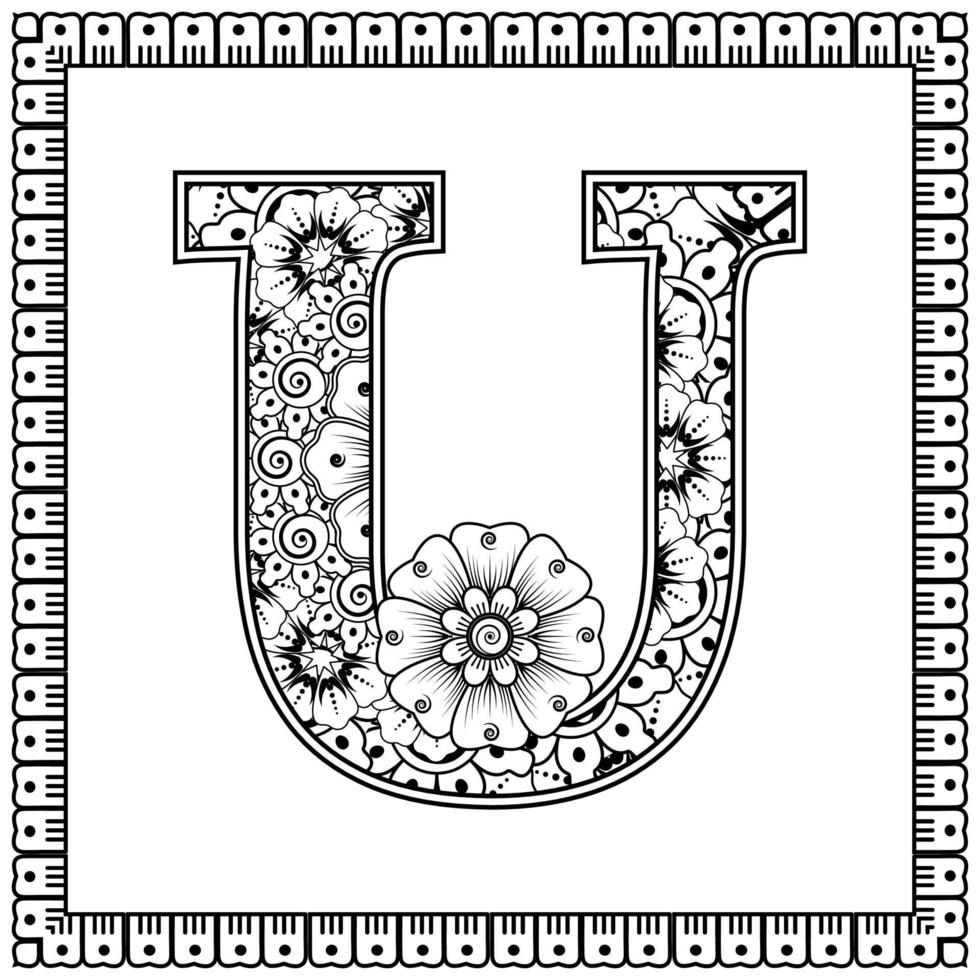 letter u gemaakt van bloemen in mehndi-stijl. kleurboek pagina. schets hand-draw vectorillustratie. vector