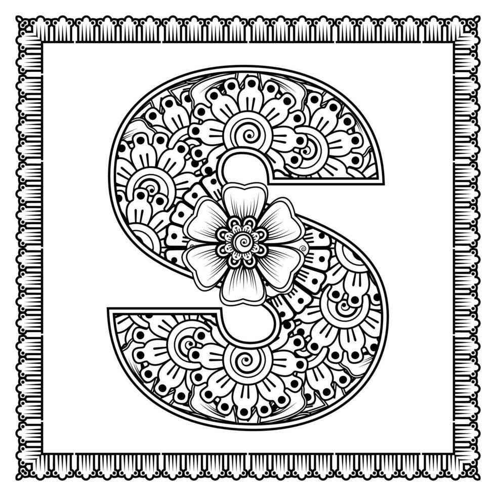 letter s gemaakt van bloemen in mehndi-stijl. kleurboek pagina. schets hand-draw vectorillustratie. vector