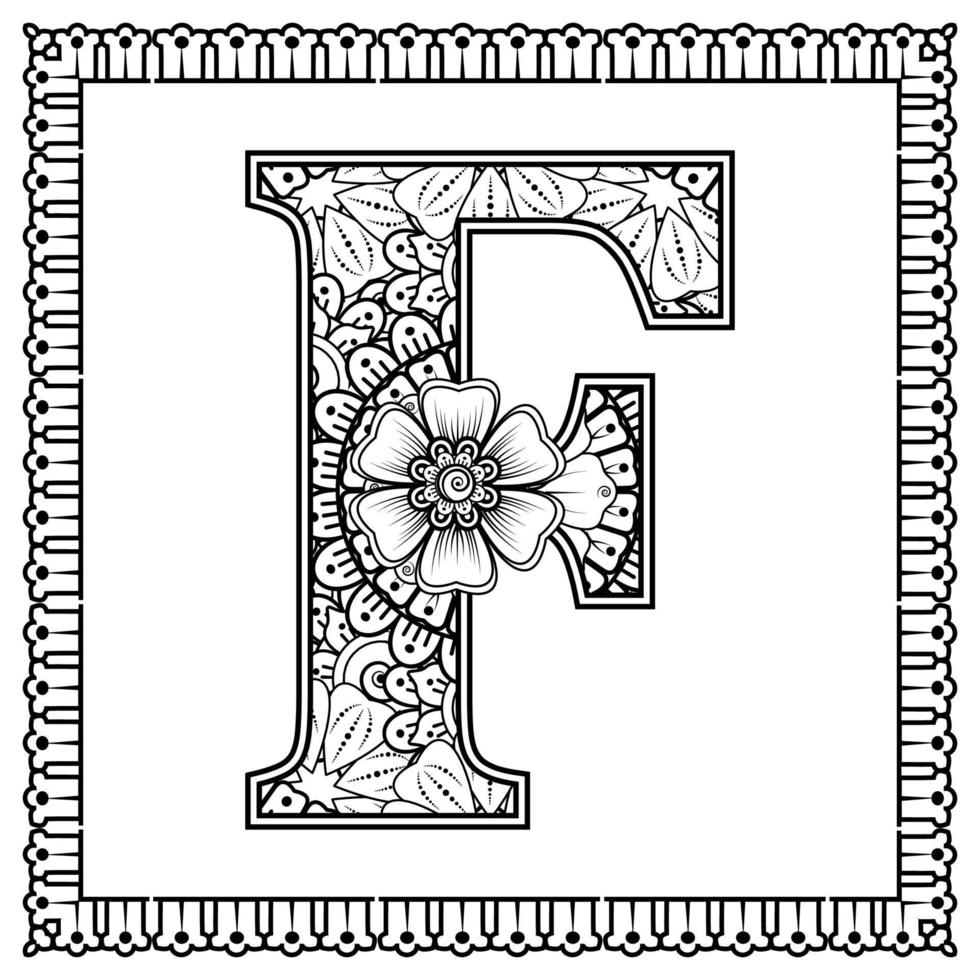 letter f gemaakt van bloemen in mehndi-stijl. kleurboek pagina. schets hand-draw vectorillustratie. vector