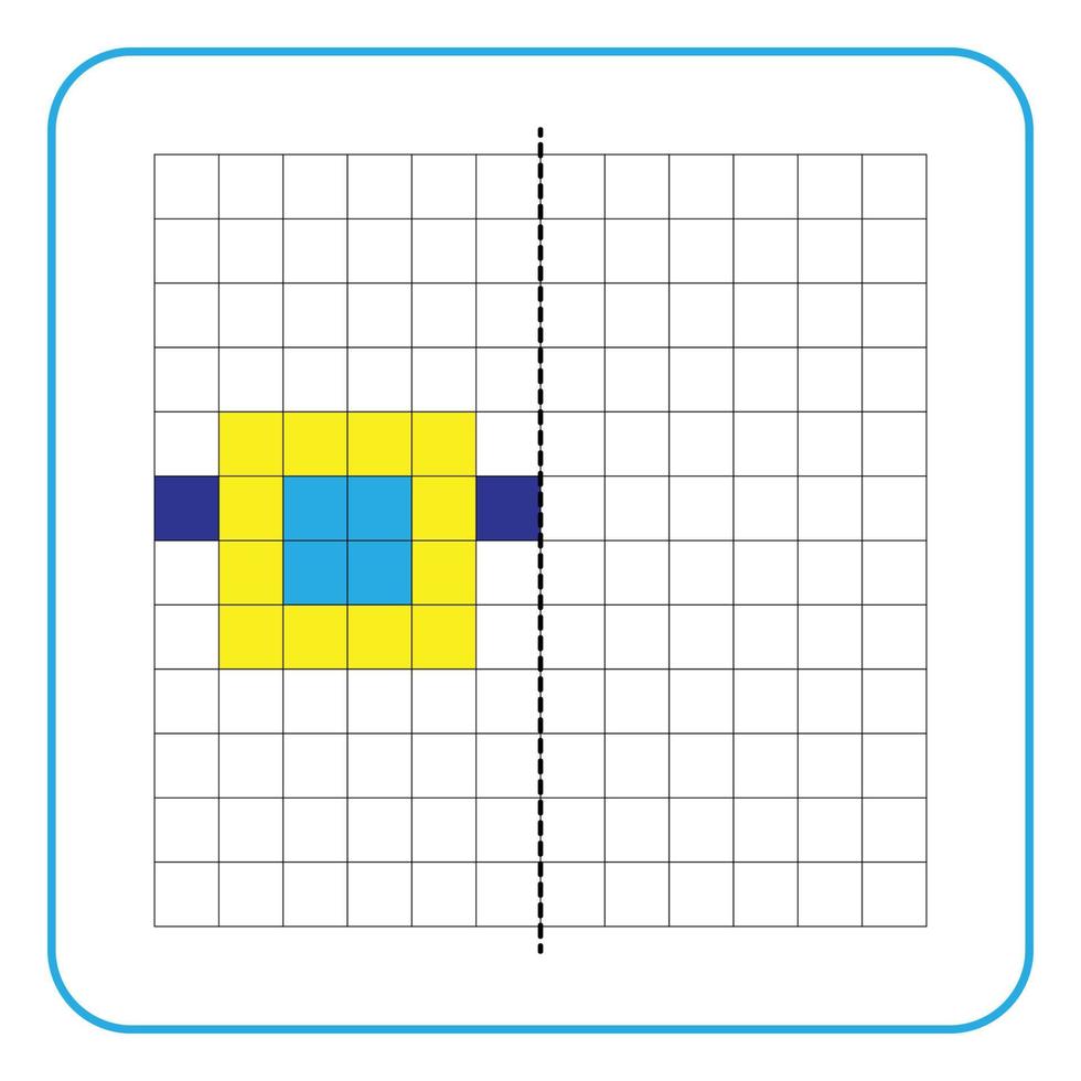 foto reflectie educatief spel voor kinderen. leer symmetrie-werkbladen voor voorschoolse activiteiten in te vullen. kleurrasterpagina's, visuele waarneming en pixelart. maak de schattige brilvorm af. vector