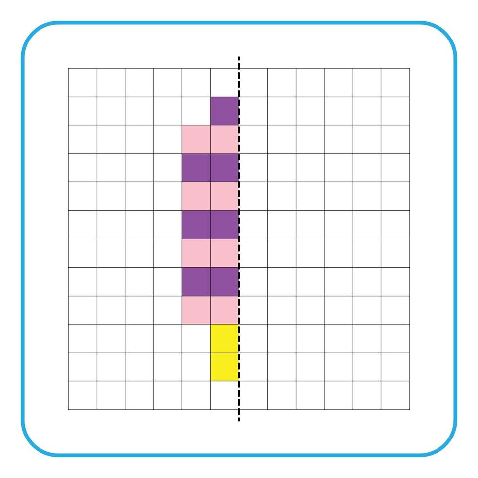 foto reflectie educatief spel voor kinderen. leer symmetrie-werkbladen voor voorschoolse activiteiten in te vullen. kleurrasterpagina's, visuele waarneming en pixelart. maak het roze-paarse ijs af. vector