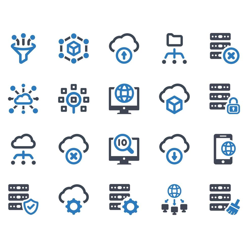 big data icon set - vectorillustratie. big data, data, kubus, cloud, database, opslag, server, upload, download, back-up, globaal, massaal, netwerk, delen, delen, pictogrammen. vector