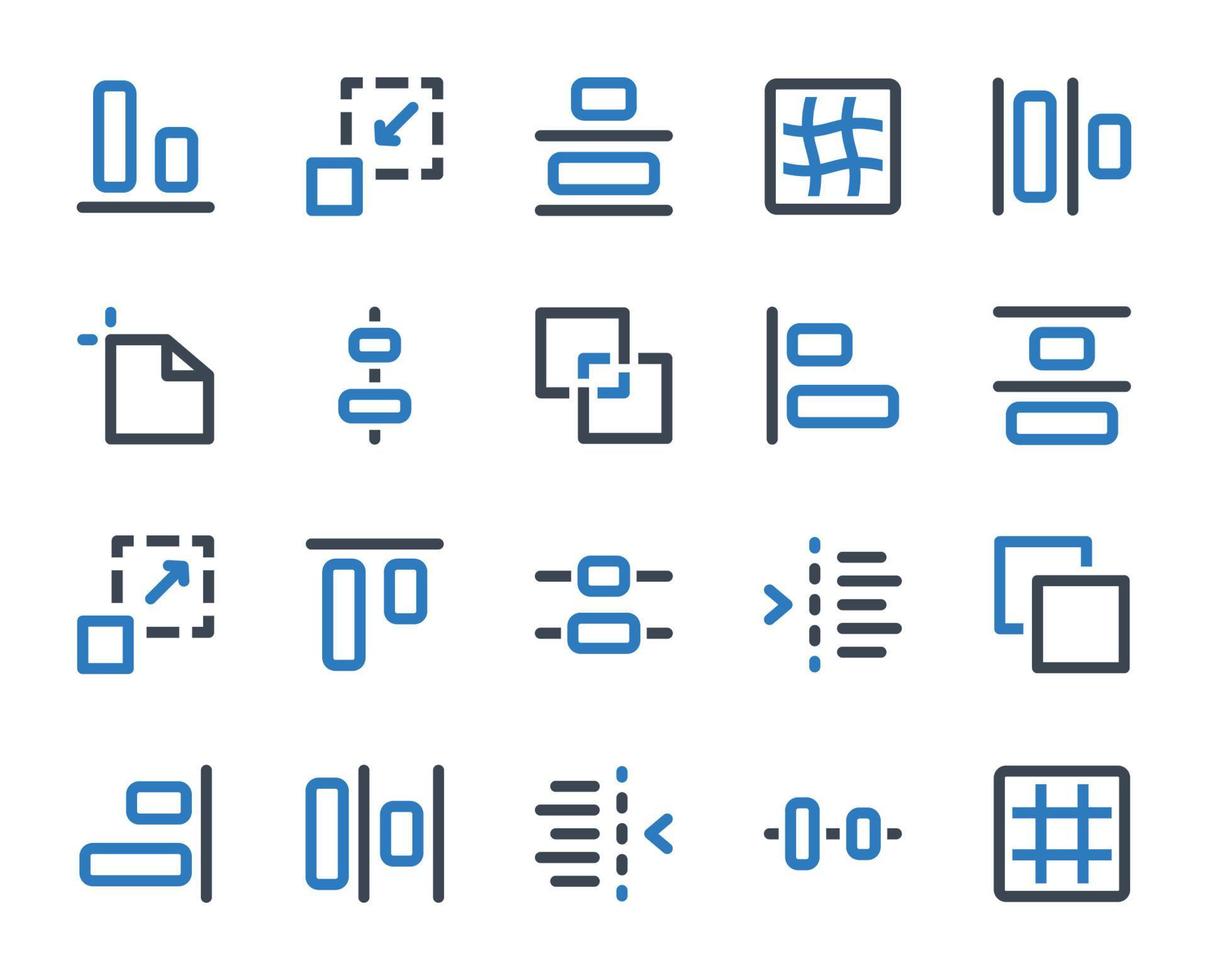 bewerkingstools icon set - vectorillustratie. uitlijnen, centreren, verticaal, horizontaal, object, distribueren, objecten, links, rechts, bewerken, bewerken, editor, gereedschap, gereedschappen, pictogrammen. vector