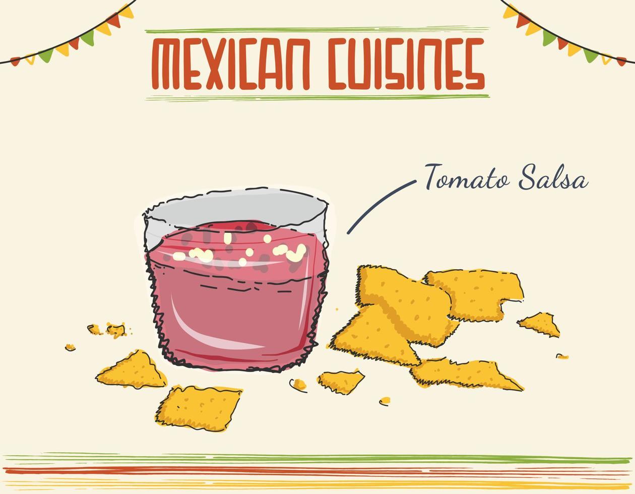salsa traditionele mexicaanse saus met nacho's. Mexicaanse tomatensalsasaus met nacho's vectorillustratie. minimale gekleurde geïsoleerde vectorillustratie vector