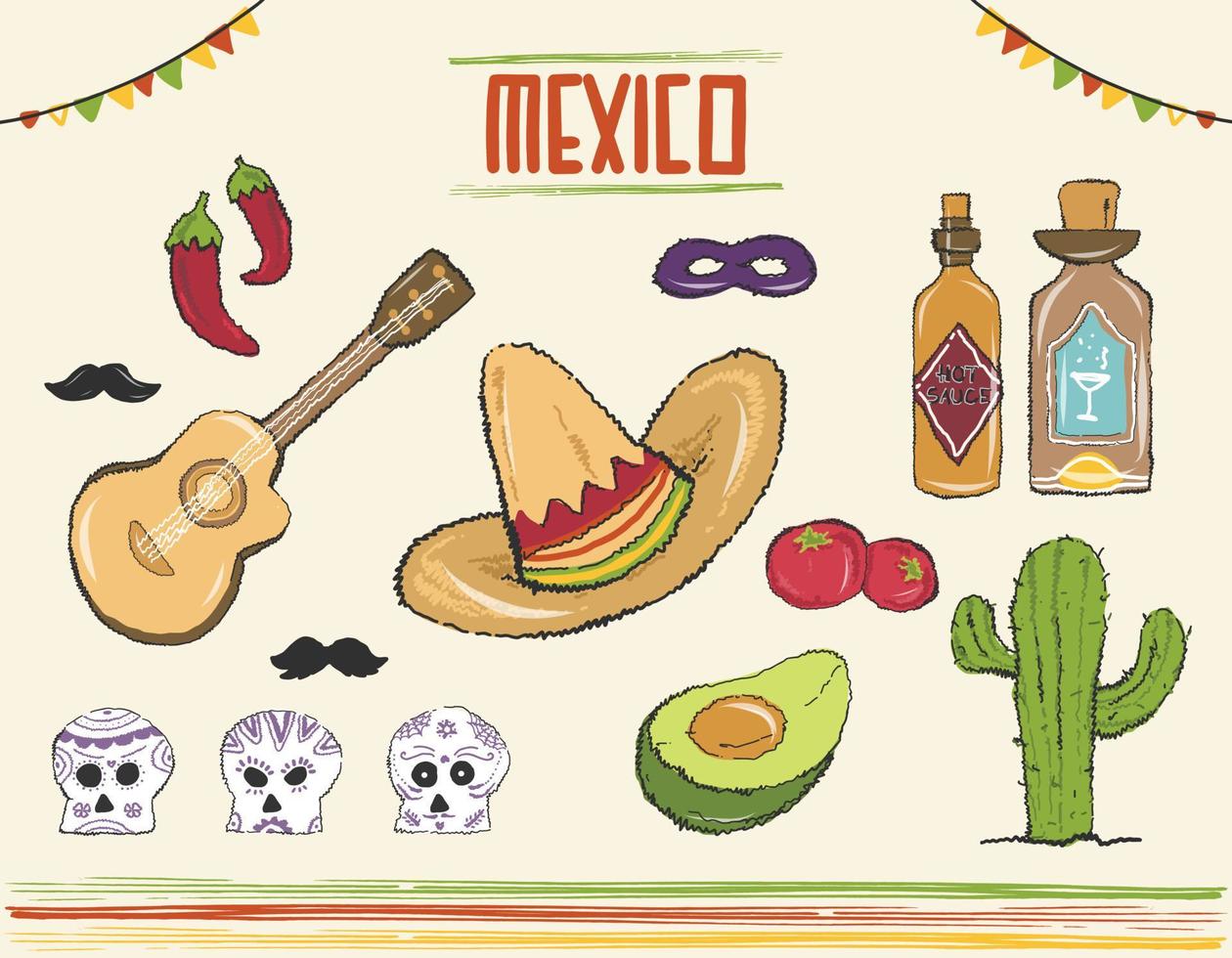 alle Mexicaanse grafische elementen voor een ontwerp met een Mexico-thema. gitaar snor schedels sombrero hoed pepers tomaten cactus avocado maskerade oogmasker hete saus flessen vector