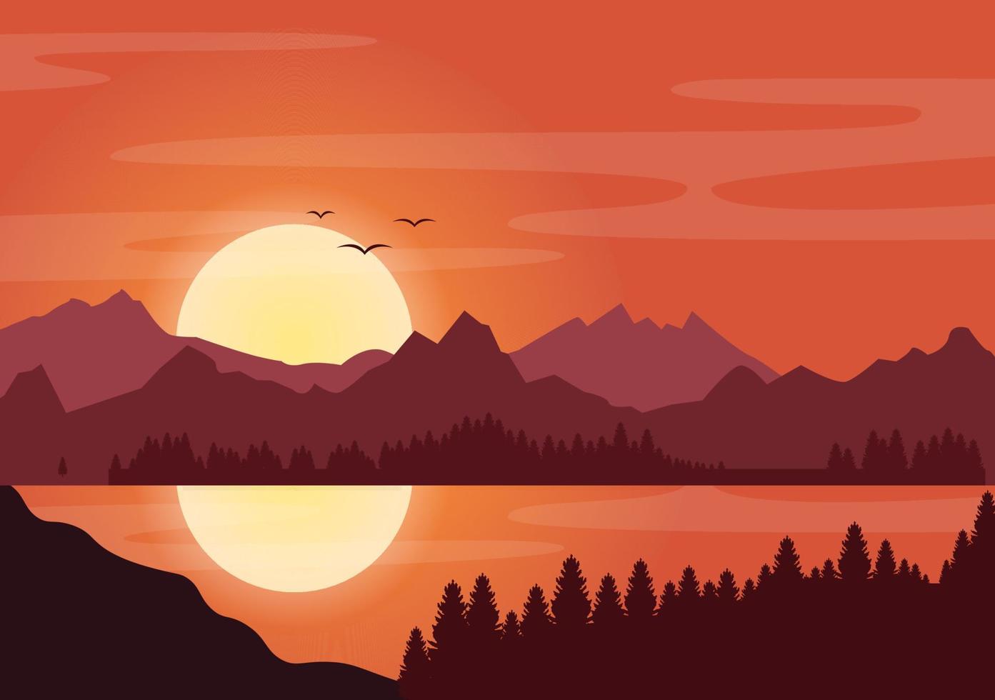 zonsonderganglandschap van bergen, wildernis, zand, meer en vallei in vlakke wilde natuur voor poster, banner of achtergrondillustratie vector