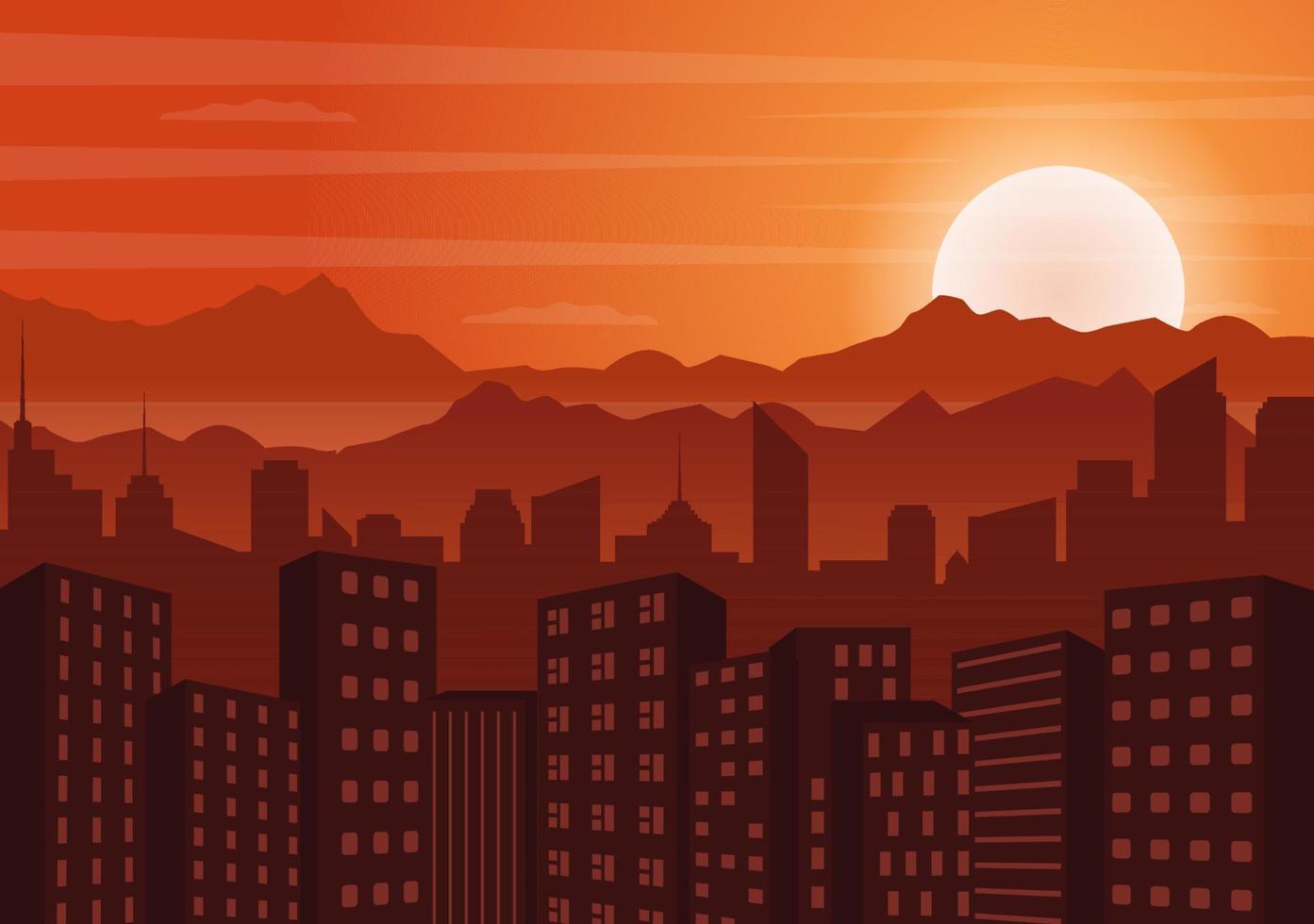 zonsondergang moderne stad skyline landschap met oranje lucht van stadsgebouwen en stadsgezicht hemel in vlakke afbeelding voor poster, spandoek of achtergrond vector
