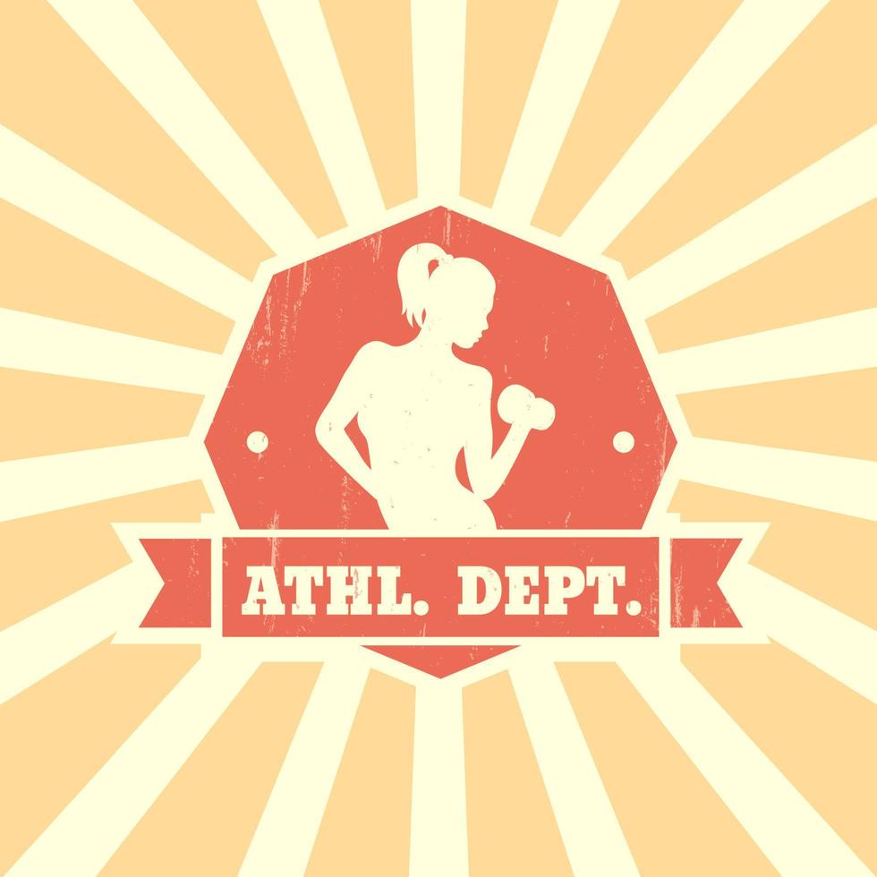 atletische afd. vintage design met atletisch meisje, vintage badge, fitness logo sjabloon, vectorillustratie vector