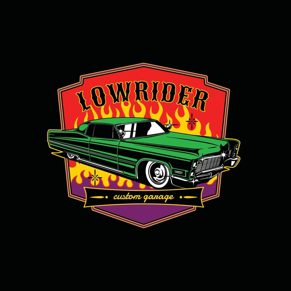 klassieke vintage logo lowrider auto aangepaste garage. handgemaakte vectorillustratie vector