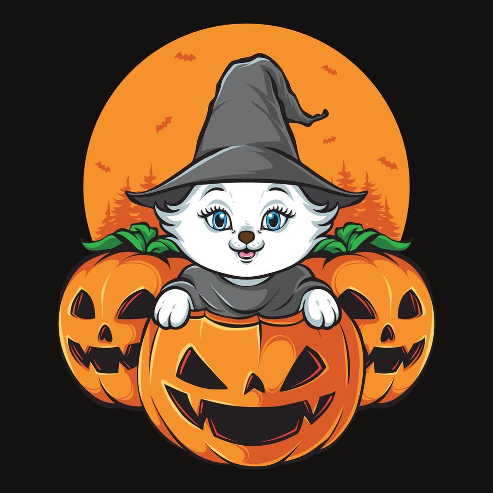 pompoenen hoofd met schattige kat halloween vector