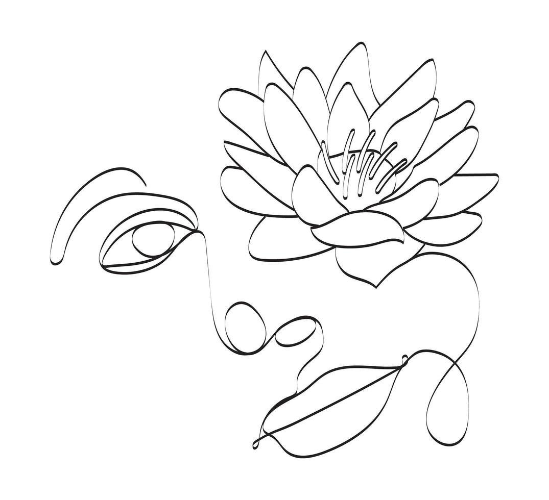 boho vrouwen worden geconfronteerd met vector. surrealistisch portret, meisjesgezicht met lotus, chrysant, leliebloemen in doorlopende lijnstijl. vector