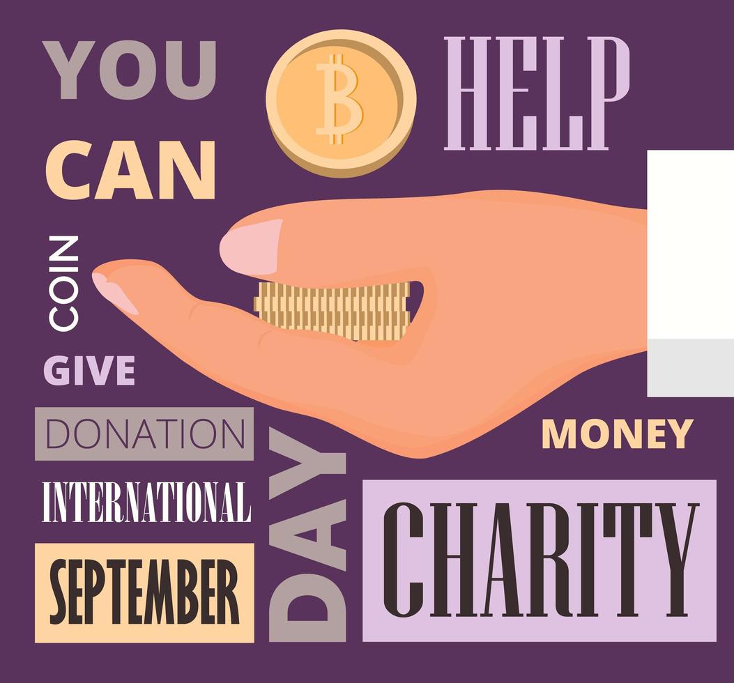 internationale dag van liefdadigheid gevierd op 5 september in de wereld. hand met munten in retro stijl. vector