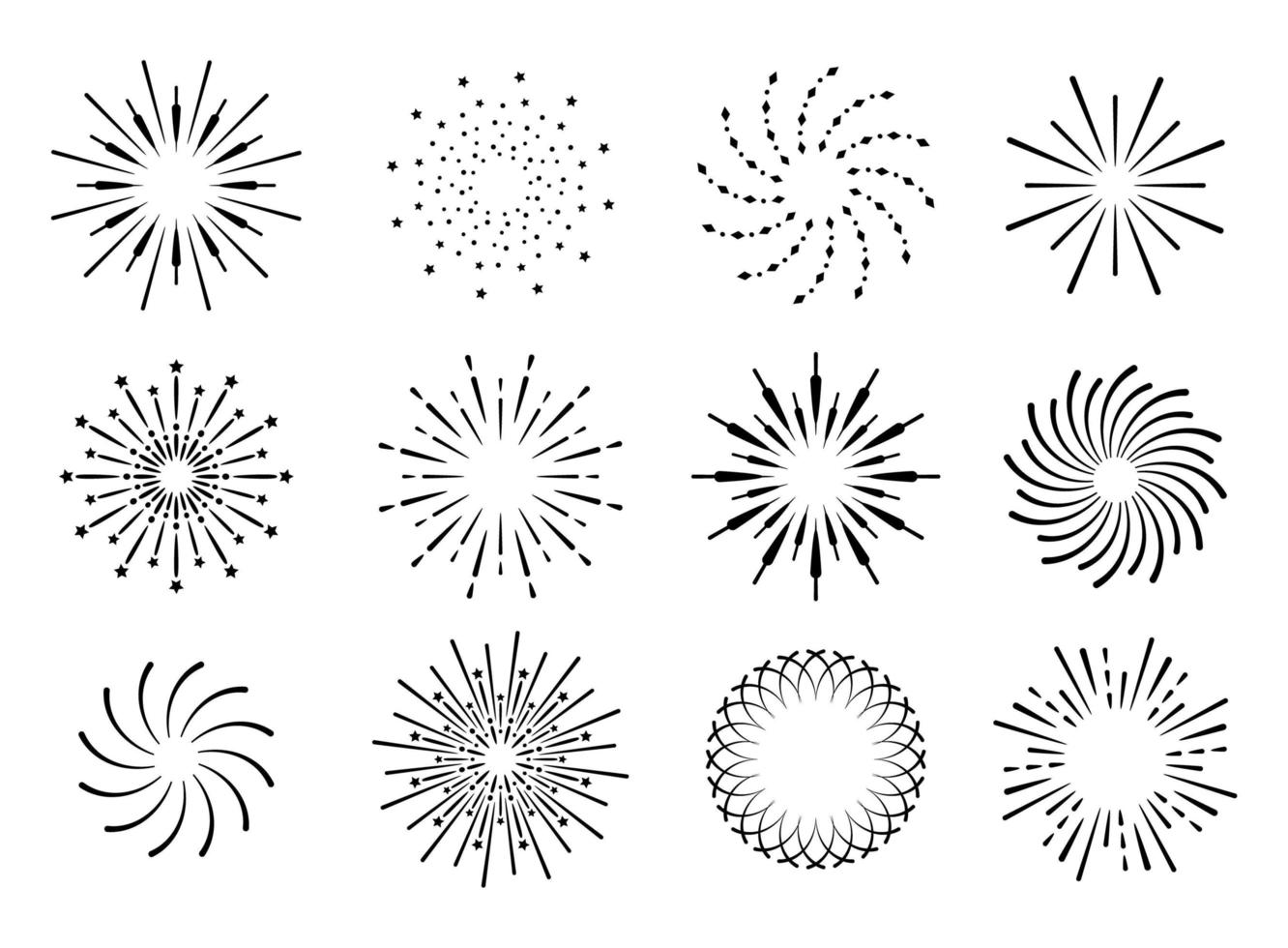 vuurwerk, vuurwerk schaduw pictogram vector. uitstralend vanuit het midden van rechte en spiraalvormige balken, lijnen. vector