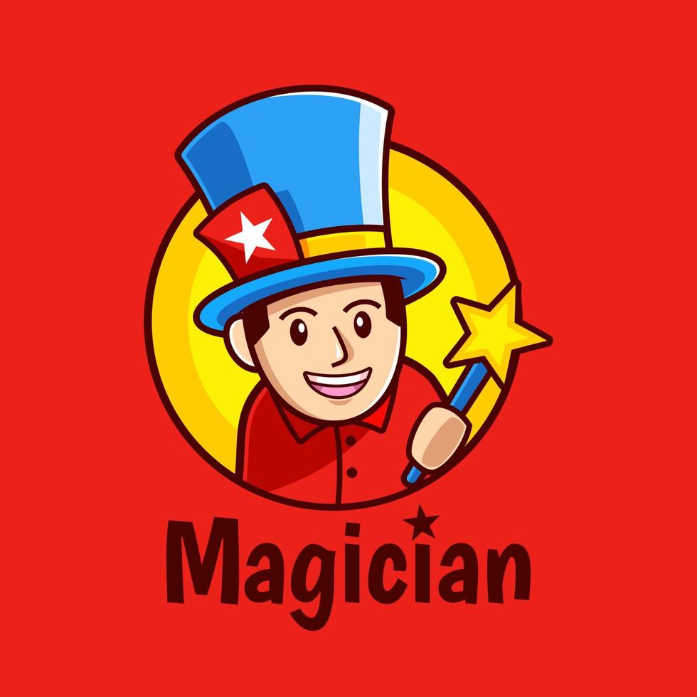 cartoon goochelaar met magische ster toverstaf logo-ontwerp vector