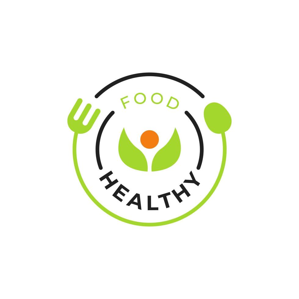 gezond voedsel logo vector ontwerp met natuurlijke verse groene blad pictogram illustratie, lepel, vork met cirkelframe