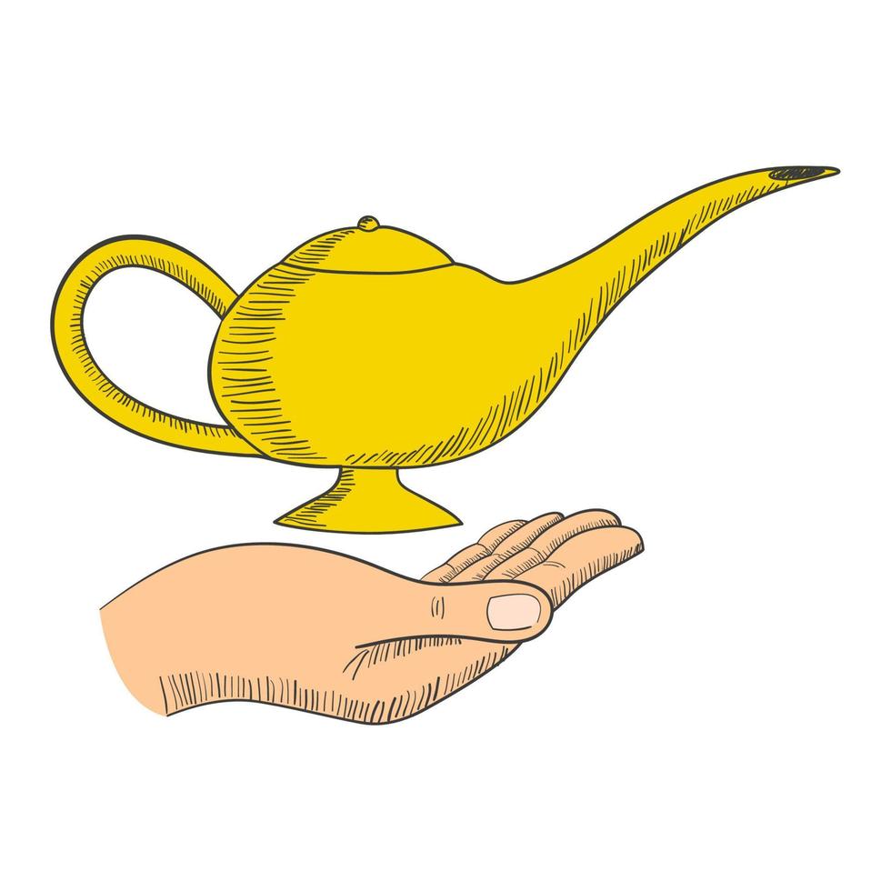 eenvoudige afbeelding van een hand met een magische lamp vector