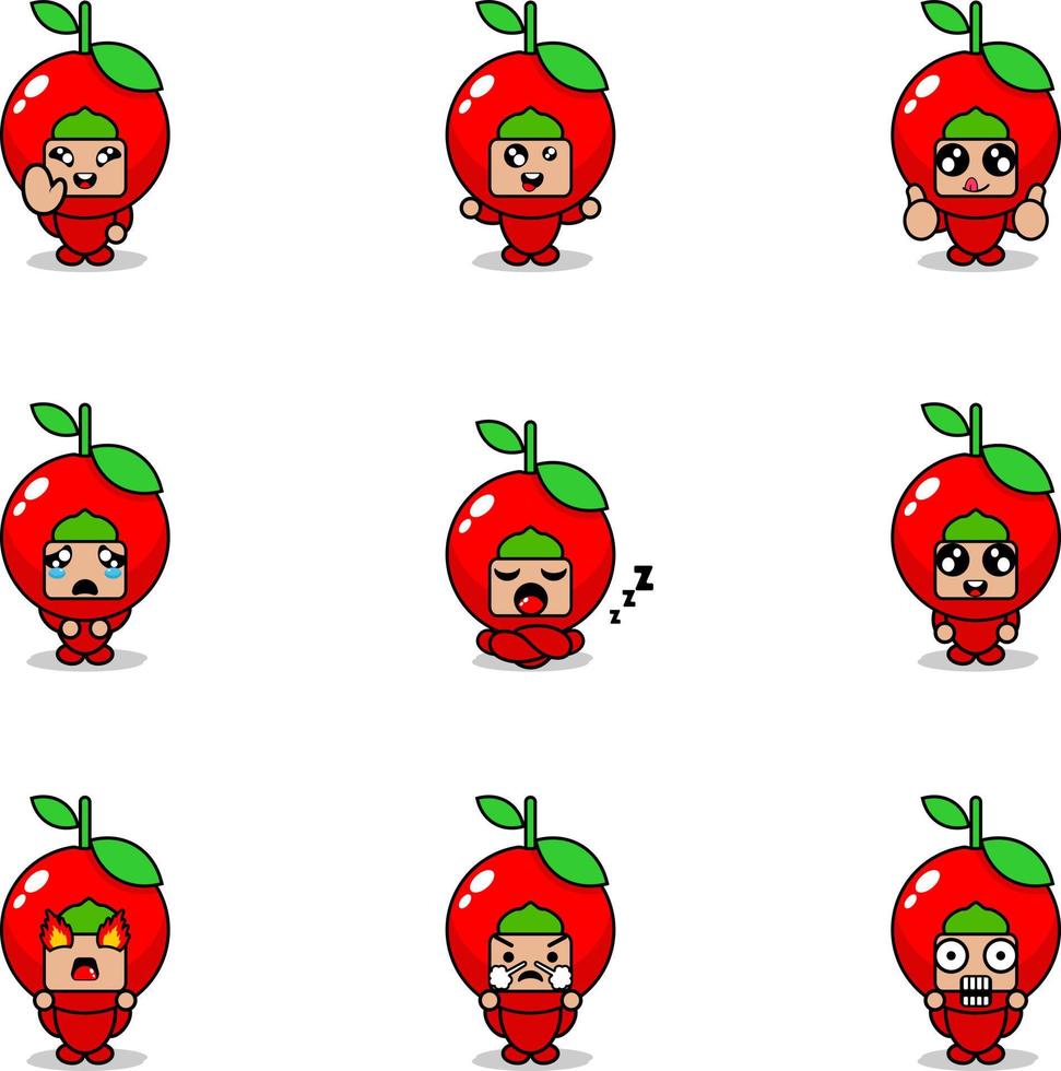vectorillustratie van stripfiguur mascotte kostuum set van kersen fruit expressie bundel vector