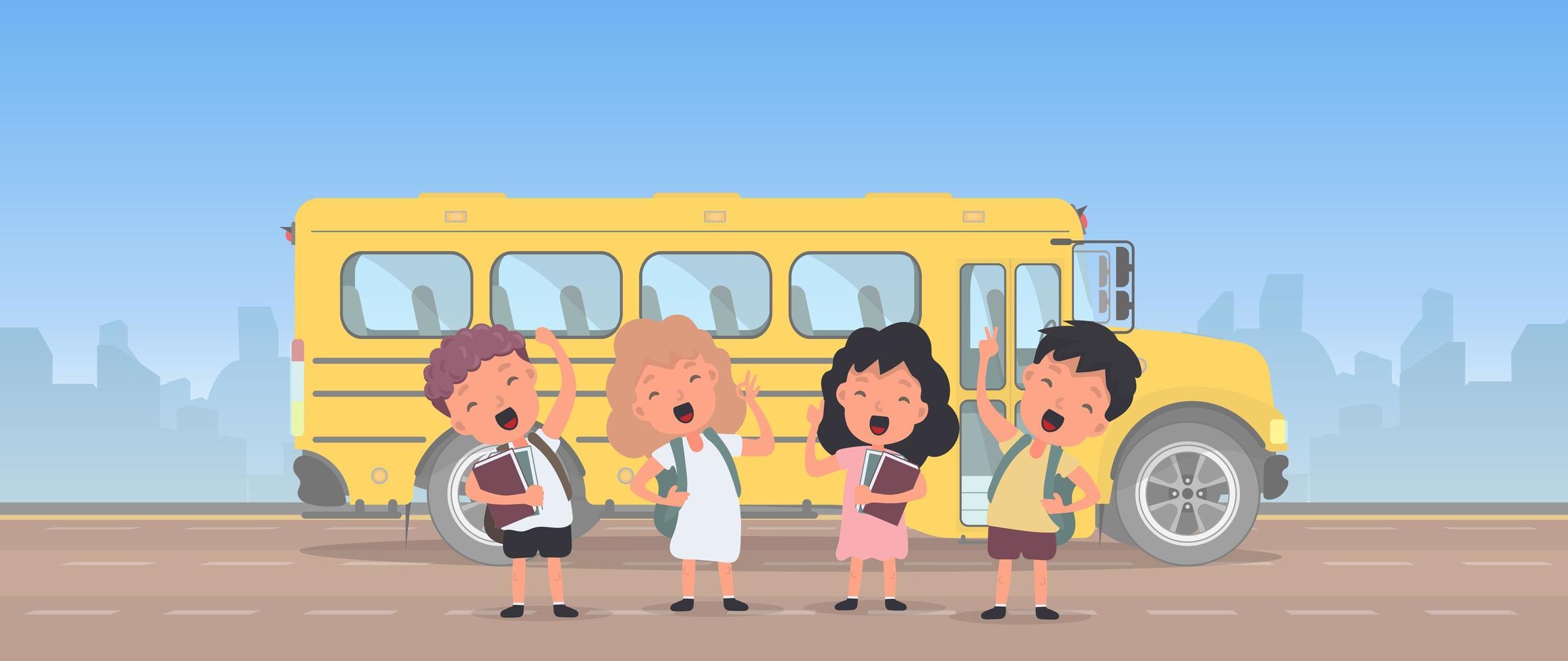 gelukkige kinderen en een schoolbus. kinderen gaan naar school. gele bus voor school. vetkor. vector