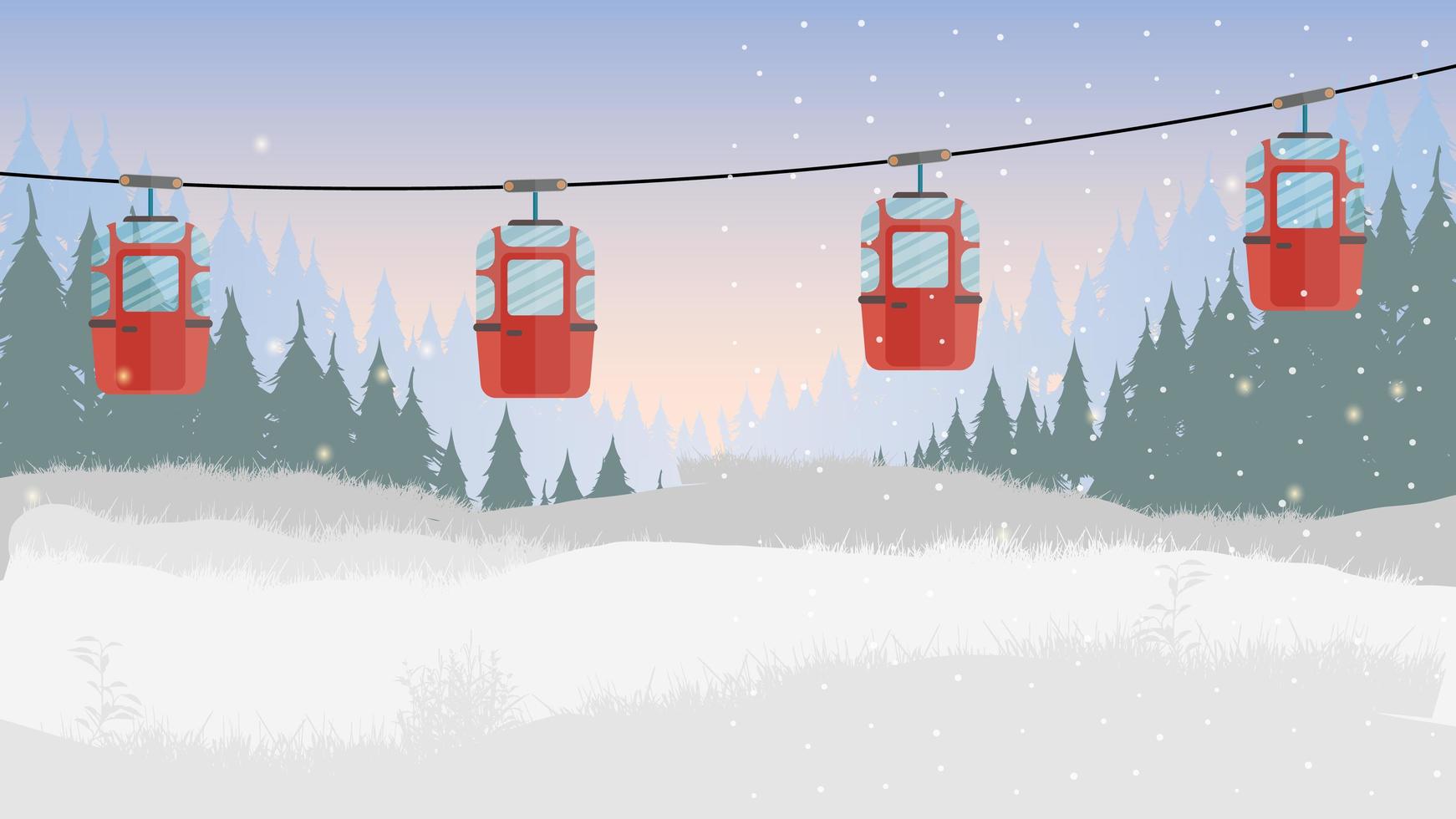 kabelbaan met aanhangers in het winterbos. fantastisch besneeuwd bos. cartoon-stijl. vector