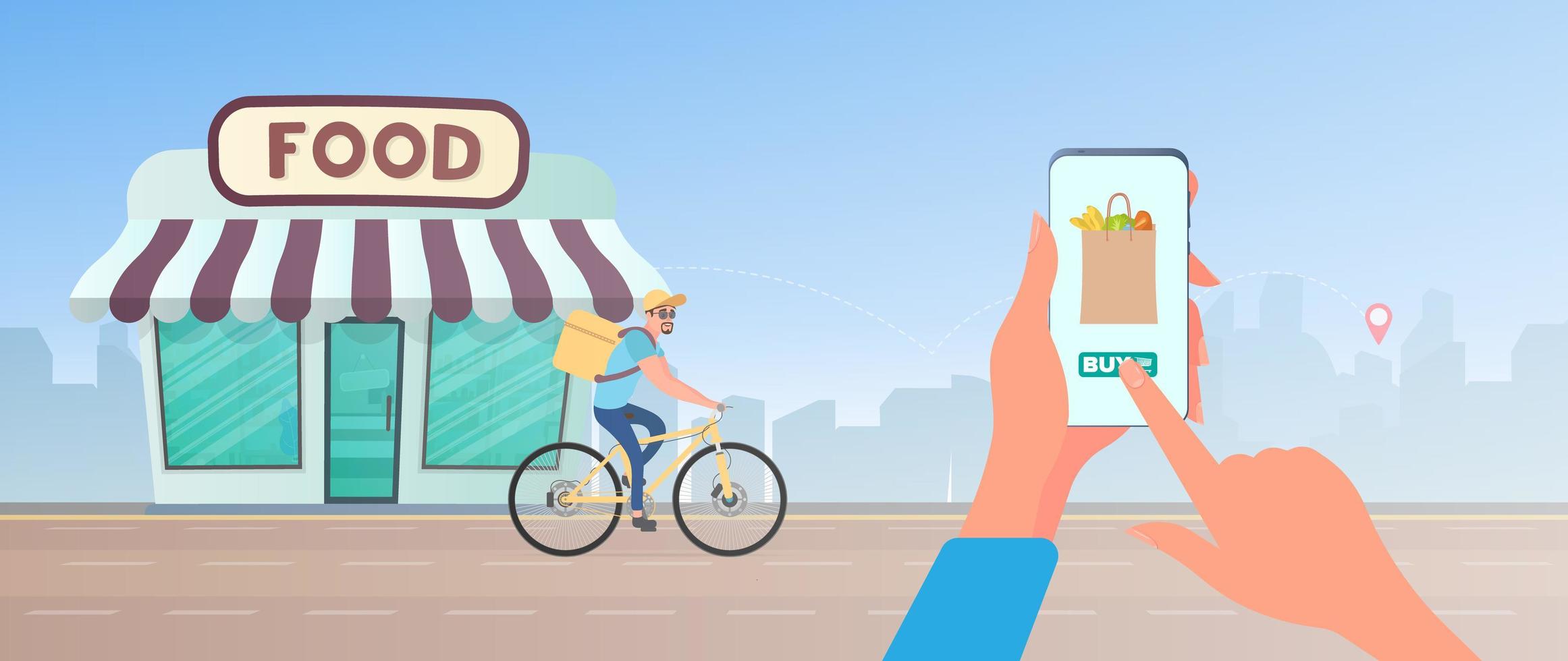 thuis eten bestellen. de man heeft het geluk om eten op een fiets te bestellen. hand houdt smartphone. levering aan huis, leveringsconcept. vector. vector