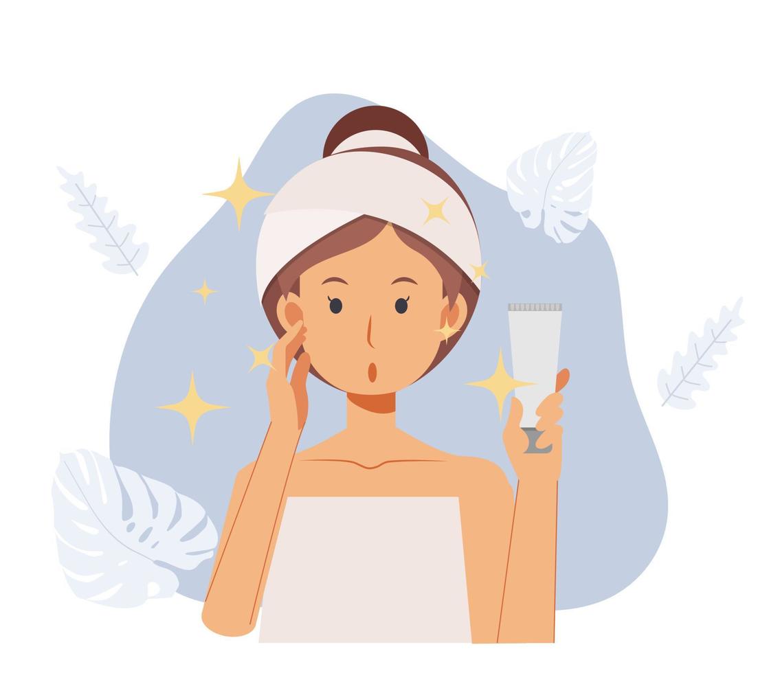 vrouw review skincare products.result van acne behandeling product.flat vector 2d cartoon karakter illustratie.