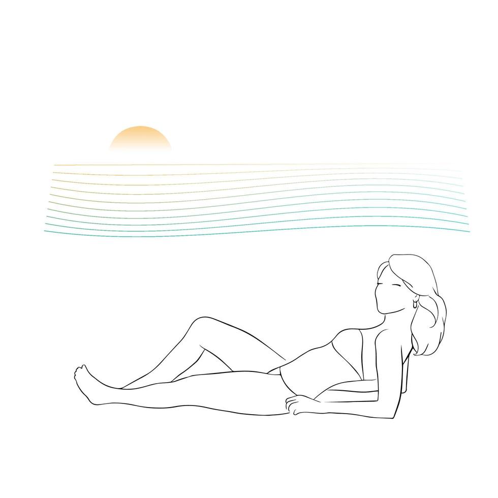 doorlopende lijntekening. mooie vrouw die op het strand ligt. vectorillustratie. vector