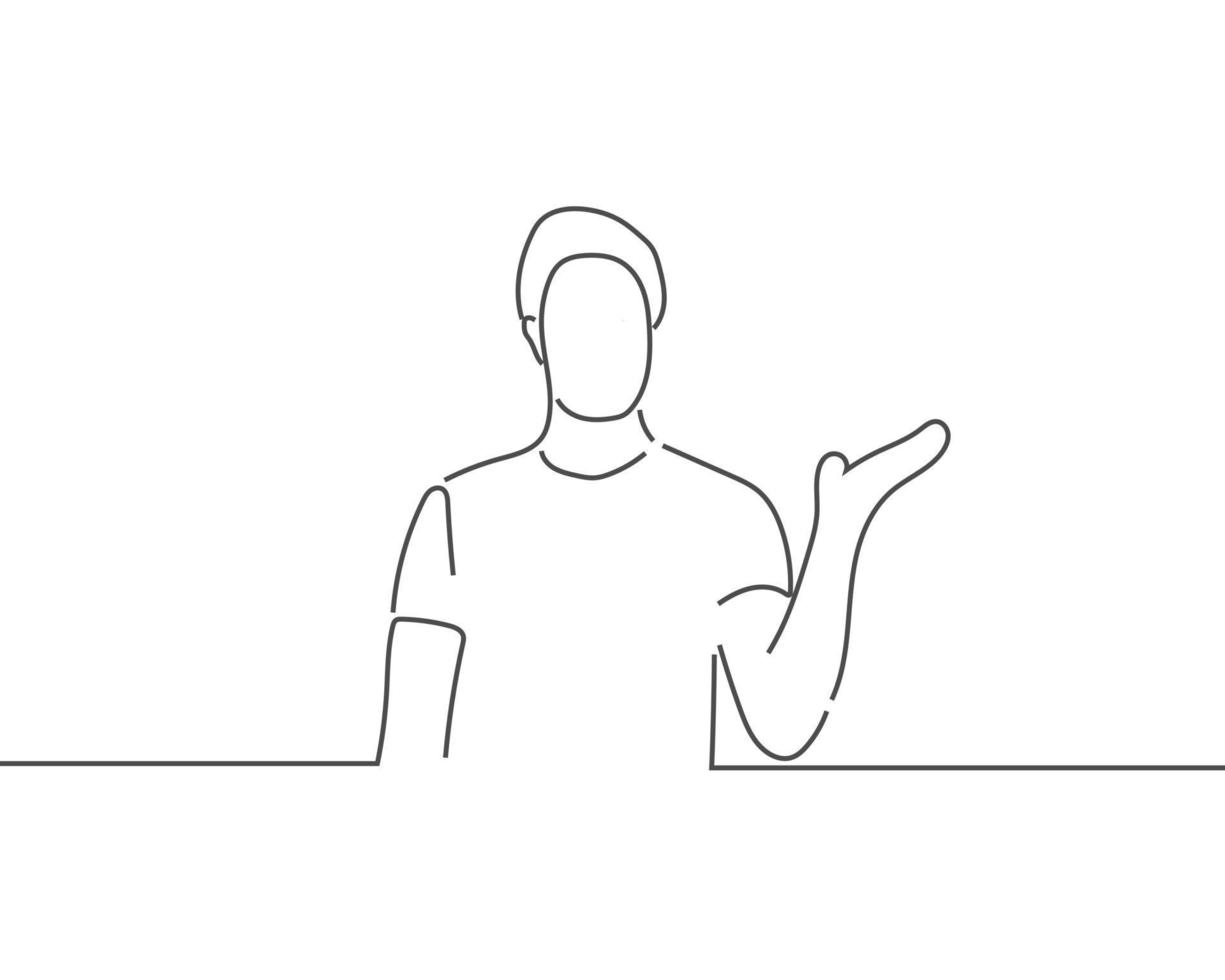 man wijzend met palm van hand lijntekening of continue één lijn illustratie vector