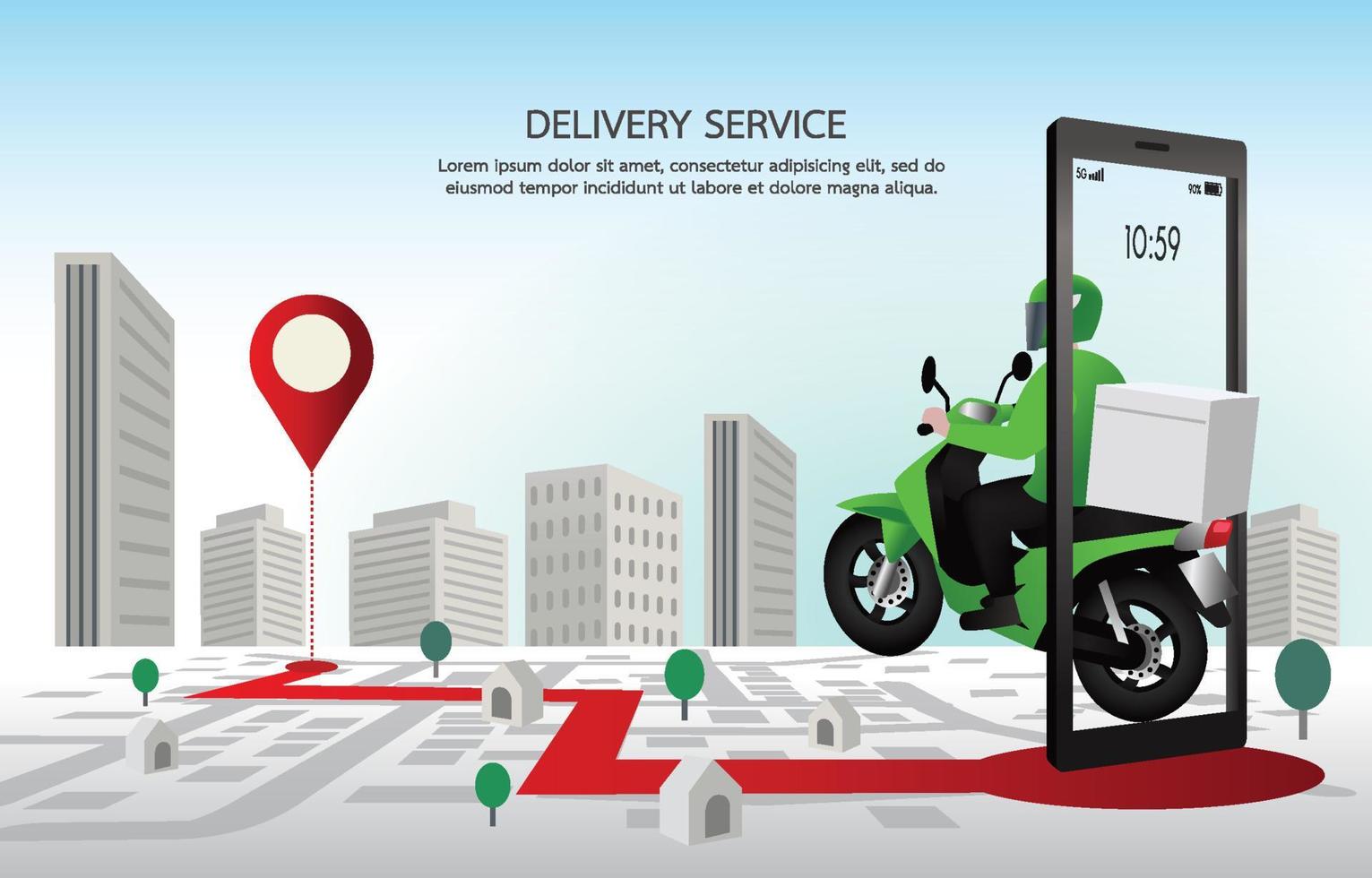 snelle bezorger met motorfietsen. klanten bestellen op mobiele applicatie, de motorrijder gaat volgens de gps-kaart, de achtergrond is een stadsbeeld. illustratie vector ontwerp voor banner, web