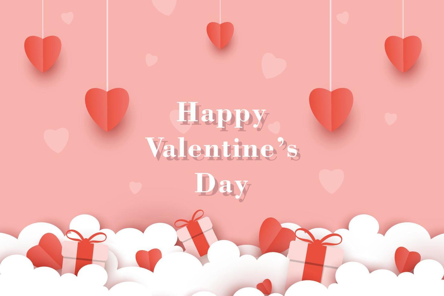gelukkige valentijnsdag achtergrond vector sjabloon, schattig papier gesneden stijl behang met zacht roze kleur