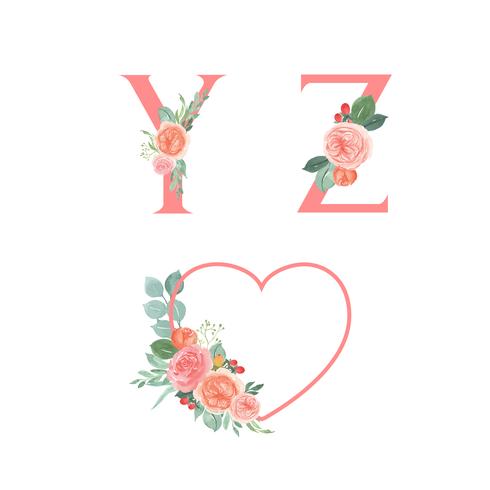 Roze alfabet florals set collectie, perzik en oranje pioen bloemen boeketten vintage, ontwerp voor bruiloft uitnodiging, vieren huwelijk, Bedankt kaart decoratie vectorillustratie. vector