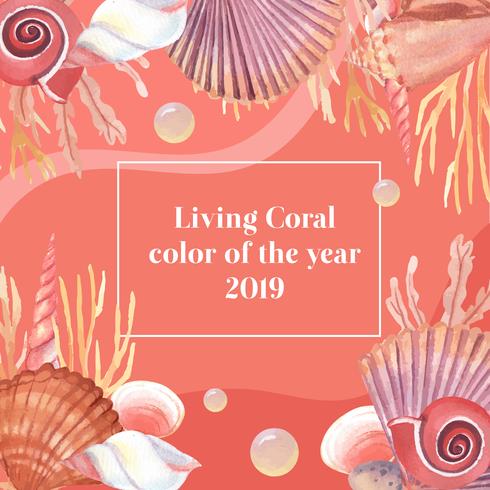 Kleur Coral 2019 trendy, Sea shell mariene leven zomer reizen het strand, aquarelle geïsoleerde vectorillustratie vector