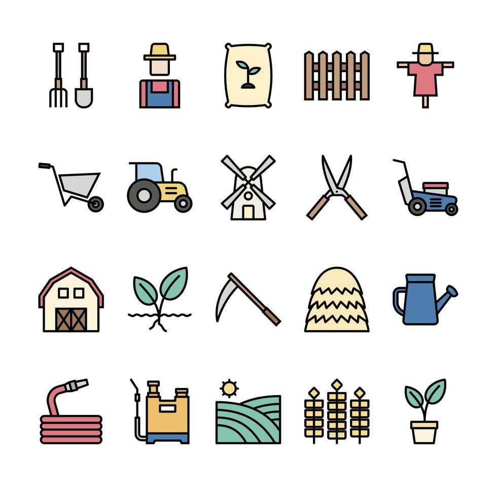 landbouw en landbouw gevuld overzicht icon set vector