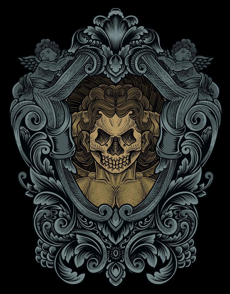 illustratie demonische engel schedel met gravure ornament frame vector