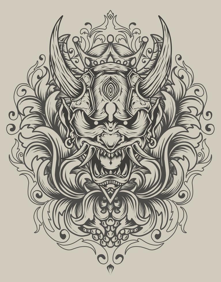 illustratie oni masker met slang en gravure ornament vector