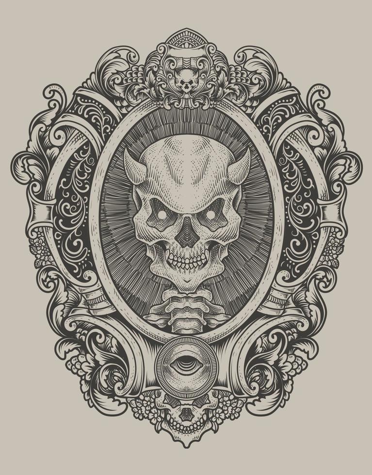 illustratie demon schedel met gravure ornament stijl vector